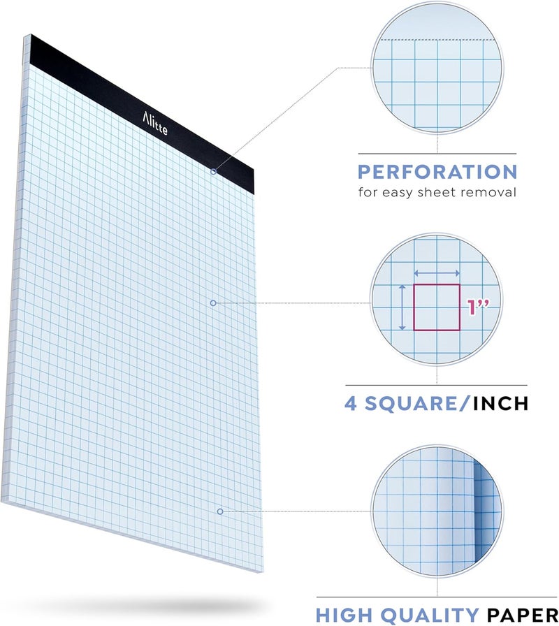 Alitte Graph Paper Pad, Pack of 12, White Letter Size - 4x4 Quad Grid Paper, Easy-Tear Perforations, 8.5 x 11 Cardboard Backing - Graph Notepads for School, Office -50 Sheets per Pad - Image 2